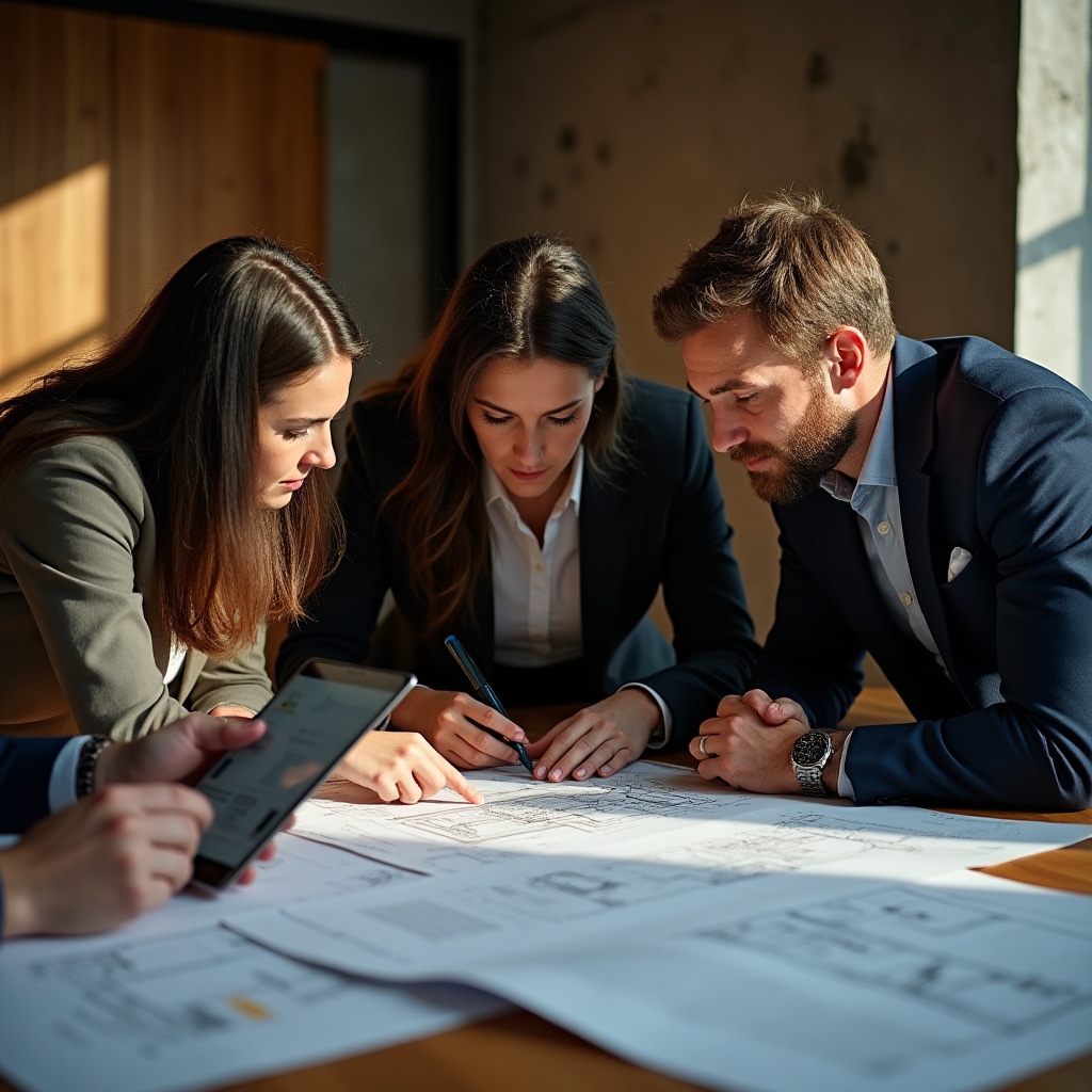 Architectural review meeting with plans and regulatory documents