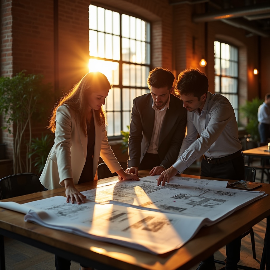 Property development planning workspace with blueprints and documents